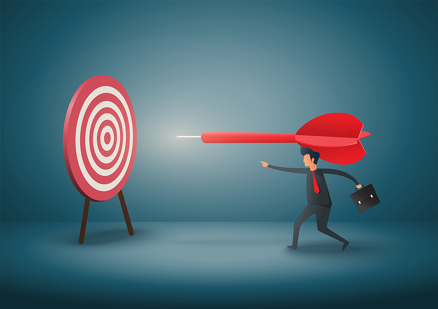 Business objective and strategy. business concept. Businessman throwing dart at target. Symbol of business goals, aims, mission, opportunity and challenge. Vector illustration.